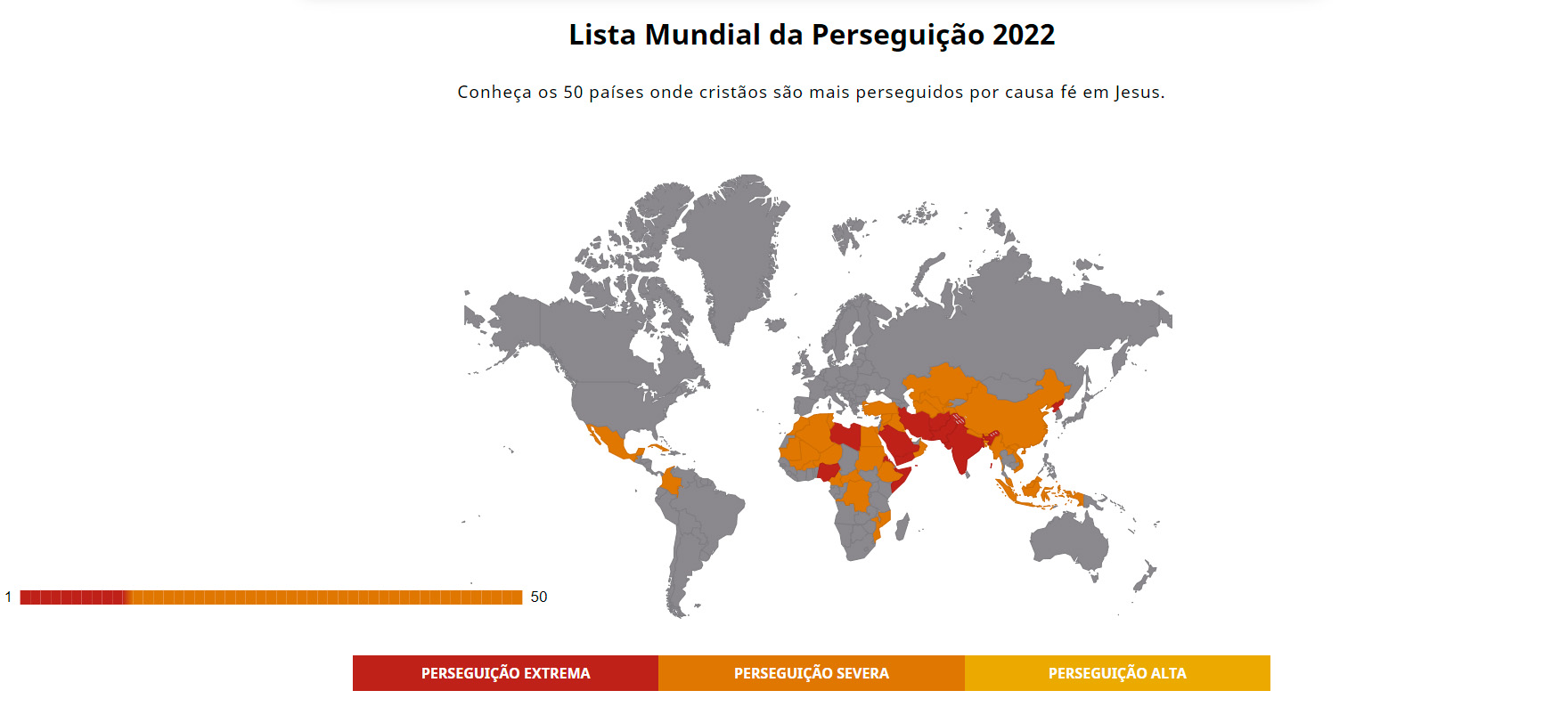 Mapa mundial de países que perseguem explicitamente os cristãos. Fonte: Portas Abertas.