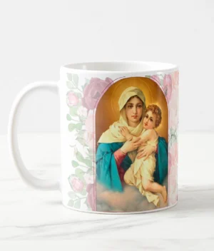 Caneca de Cerâmica com Imagem de Nossa Senhora Mãe Admirável - Ideal para Devotos e Presentes Religiosos.