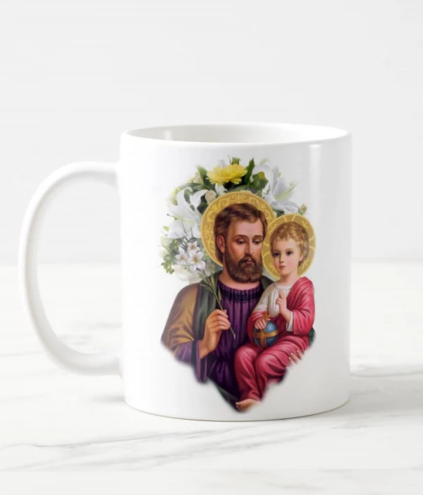 Caneca de Cerâmica com Estampa de São José e Menino Jesus da Marca Live - Design Religioso com Lírios, Perfeita para Devotos e Momentos de Reflexão.