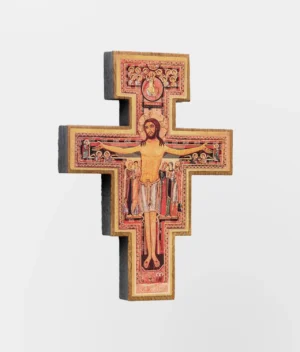 Cruz de madeira para parede são damião com adesivo brilhante, medindo 8,8x12cm. Leve e fácil de fixar, ideal para decoração religiosa e presente.