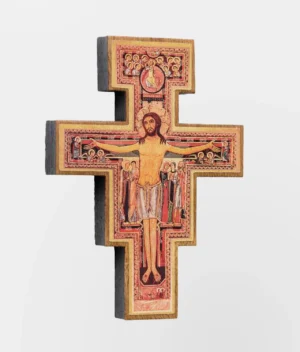 Cruz de madeira para parede são damião com adesivo brilhante, medindo 14x19cm. Leve e fácil de fixar, ideal para decoração religiosa e presente.